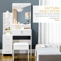 HOMCOM Toeletta da Trucco con Specchio, Tavolo da Trucco, Sgabello, 4 Cassetti e 4 Ripiani, Bianco(m-4)