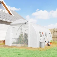 Outsunny Tunnel Greenhouse with 2 Removable Rods and Mesh Doors and Windows, Galvanized Steel and PE, 396x300x200 cm, White(m-2)