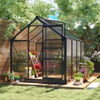 Outsunny 6 x 8ft Polycarbonate Greenhouse, Large Walk-In Green House with Slide Door and Window, Garden Plants Grow House with Aluminium Frame and Foundation, Grey(m-2)
