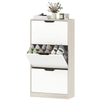 HOMCOM Schmaler Schuhschrank 3 Klapptüren Schuhschrank für Eingangsbereich für 18 Paar Schuhe 62,5x26x117,5 cm Eiche und Weiß(m-6)