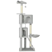 PawHut Árbol Rascador para Gatos 180 cm con Plataformas Cama 2 Cuevas Hamaca Escalera Postes de Sisal Gris Claro(m-11)