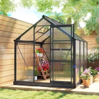 Outsunny 6 x 6ft Polycarbonate Greenhouse, Large Walk-In Green House with Slide Door and Window, Garden Plants Grow House with Aluminium Frame and Foundation, Grey(m-2)