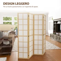 HOMCOM Paravento da Interno a 4 Pannelli Pieghevole in Legno e Tessuto, 160x170 cm, Colore Legno e Bianco(m-6)