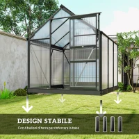 Outsunny Serra in Policarbonato e Alluminio con Porta Scorrevole, Presa d'Aria e Grondaia, 1.9x1.9x2m, Grigio(m-6)