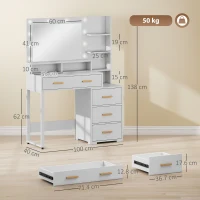 HOMCOM Tavolo da Trucco in Legno con 4 Cassetti, 6 Ripiani Aperti e Specchio, 100x40x138 cm, Bianco(m-3)