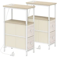 HOMCOM 2er-Set schmale Beistelltische mit Steckdose AC, USB-Anschluss, USB-C-Anschluss, 2 Stoffschubladen, Natur(m-1)