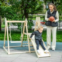 AIYAPLAY 5-in-1 Indoor-Klettergerüst mit Rutsche, Schaukel, Kletternetz, Basketballkorb, klappbar, 3-6 Jahre, Naturholz(m-2)