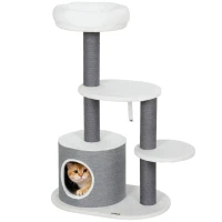 PawHut Kratzbaum mit 1 Katzenhöhle, 1 Katzenbett, 2 Plattformen, Jute-Seilspfosten, Weiß + Grau(m-11)