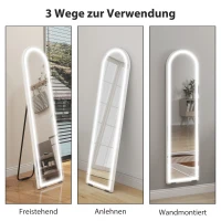 HOMCOM Volle-lengte spiegel met LED-licht, 150 x 40 cm, boogvormig, dimbaar, 3 lichtkleuren, vrijstaand of muurmontage, wit(m-6)