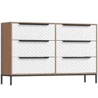 HOMCOM Commode à 6 tiroirs en tissu Façades à motif losange pour salon bureau dressing naturel et blanc(m-7)