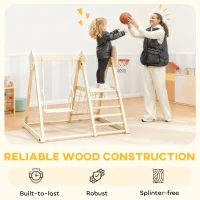 AIYAPLAY 5-in-1 Indoor-Klettergerüst mit Rutsche, Schaukel, Kletternetz, Basketballkorb, klappbar, 3-6 Jahre, Naturholz(m-5)
