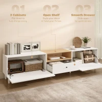 HOMCOM 200 cm TV-kast voor televisies tot 228,6 cm, 2 neerklapbare vakken, open vak, lade, 8 poten, spaanplaat, wit(m-4)