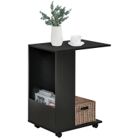 HOMCOM Mobile Sofa Side Table C-Shape End Table with Storage and Casters for Laptop Coffee Snack, Black(m-10)
