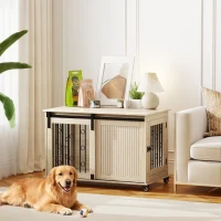 PawHut Móvel Gaiola para Cães com Rodas 2 Portas com Fecho para Cães Médios e Grandes 100x56x65 cm Carvalho(m-2)