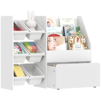 AIYAPLAY Speelgoedrek, kinderkamerrek met 6 bakken, boekenplank, rolbare box, 100 x 30 x 80 cm, MDF, staal, wit