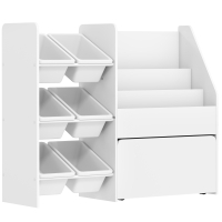 AIYAPLAY Regał na zabawki, regał do pokoju dziecięcego z 6 pojemnikami, półka na książki, rolowany pojemnik, 100 x 30 x 80 cm, MDF, stal, Biały