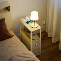 HOMCOM 2er-Set schmale Beistelltische mit Steckdose AC, USB-Anschluss, USB-C-Anschluss, 2 Stoffschubladen, Natur(m-5)