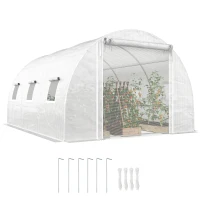 Outsunny Tunnel Greenhouse with 2 Removable Rods and Mesh Doors and Windows, Galvanized Steel and PE, 396x300x200 cm, White(m-6)