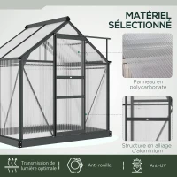 Outsunny Serre de jardin polycarbonate 190 x 132 x 201 cm résistant aux UV 30+ fondation renforcé gouttière gris(m-5)