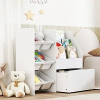 AIYAPLAY Speelgoedrek, kinderkamerrek met 6 bakken, boekenplank, rolbare box, 100 x 30 x 80 cm, MDF, staal, wit(m-9)