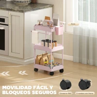 HOMCOM Carrito Auxiliar con Ruedas de 3 Niveles Carrito de Cocina con Cestas Extraíbles y Soporte para Toallas Rosa(m-6)