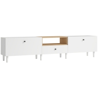 HOMCOM 200 cm TV-kast voor televisies tot 228,6 cm, 2 neerklapbare vakken, open vak, lade, 8 poten, spaanplaat, wit
