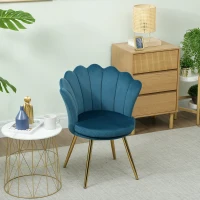 HOMCOM Fauteuil coquillage chaise coiffeuse fauteuil en velours fauteuil de salon avec pieds en métal doré bleu(m-10)