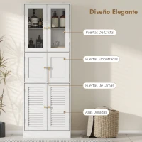 HOMCOM Columna de Baño Estrecha con Puertas de Vidrio Puertas de Lamas Estantes Ajustables 60x30x170 cm Blanco(m-6)