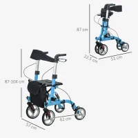 HOMCOM 4 Wheel Rollator with Seat and Back, Lightweight Folding Mobility Walker with Large Wheels, Carry Bag, Adjustable Height, Aluminium Walking Frame with Dual Brakes for Seniors, Blue(m-3)