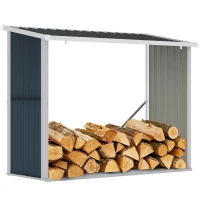Outsunny Casetilla para Leña Acero Galvanizado Cobertizo Leñero de Almacenamiento de Troncos con Techo Inclinado para Jardín Terraza Exterior 185x84x133,5/148,5 cm Gris(m-10)