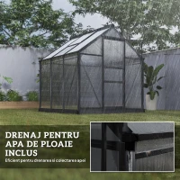 Outsunny Seră de Grădină, Seră din Policarbonat și Aluminiu cu Ușă Culisantă, Ventilație pe Acoperiș și Jgheab, 190x192x201 cm, Gri(m-7)