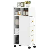 HOMCOM Meuble de salle de bain étroit, meuble avec 4 roulettes, 3 tiroirs, 5 compartiments ouverts, 20x40x80cm, blanc(m-1)