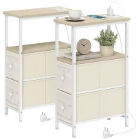 HOMCOM 2er-Set schmale Beistelltische mit Steckdose AC, USB-Anschluss, USB-C-Anschluss, 2 Stoffschubladen, Natur(m-6)