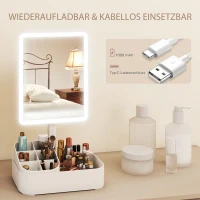 HOMCOM Schminkspiegel mit Beleuchtung wiederaufladbar 180°Drehbar LED Kosmetikspiegel mit 2 Beleuchtungsmodi, Weiß(m-6)