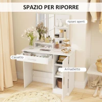 HOMCOM Toeletta da Camera con Armadietto, Cassetto, Specchio per Trucco e Ripiani Aperti, 90x38x138 cm, Bianco(m-4)