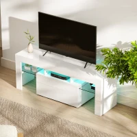 HOMCOM Meuble TV, meuble télé avec éclairage LED RGB, haute brillance, étagères en verre trempé, 120x34x45cm, blanc(m-7)