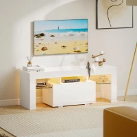 HOMCOM Meuble TV, meuble télé avec éclairage LED RGB, haute brillance, étagères en verre trempé, 120x34x45cm, blanc(m-2)