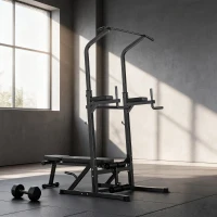 HOMCOM Estación de Musculación Torre de Entrenamiento Altura Ajustable con Barra de Dominadas y Banco Plegable para Fitness en Casa Gimnasio Carga 150 kg 99x178x230 cm Negro(m-9)