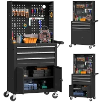 HOMCOM Carro de Herramientas con 3 Cajones Tabla de Pegboard Cerradura por Llave Estante Ajustable 2 Ruedas con Freno Negro(m-10)