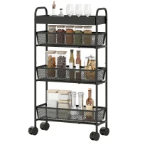 HOMCOM 4-Tier Storage Cart, Rolling Trolley, 3 Sliding Baskets, Top Tray 19 x 43.2 x 80 cm Black(m-7)