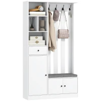 HOMCOM 180 cm Garderobenschrank mit Kleiderständer, Schuhbank, 4 Haken, offene Ablageflächen, MDF, Weiß(m-11)