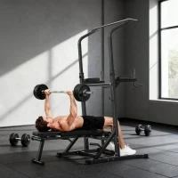 HOMCOM Station de musculation Fitness entrainement complet - barre de traction, à dips, banc de musculation pliable, poignées push-up  - acier noir(m-10)