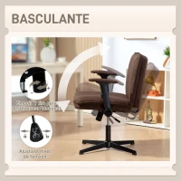 HOMCOM Silla de Oficina Piernas Cruzadas con Reposabrazos Abatible Asiento Ancho sin Ruedas Altura Ajustable Giratoria Marrón(m-6)