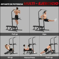 HOMCOM Estación de Musculación Torre de Entrenamiento Altura Ajustable con Barra de Dominadas y Banco Plegable para Fitness en Casa Gimnasio Carga 150 kg 99x178x230 cm Negro(m-4)