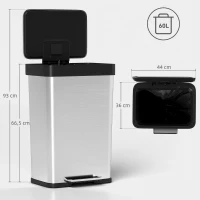 HOMCOM Cubo de 60 L con pedal, cubo de basura de acero inoxidable con tapa de cierre suave, color plateado(m-3)