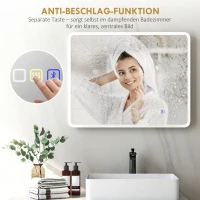 HOMCOM LED-badkamerspiegel met Bluetooth 70 x 90 cm, aanraakschakelaar, verstelbaar licht, 3 kleuren, anti-condens, geheugen, zilver(m-7)