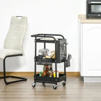 HOMCOM Desserte chariot de rangement pour bureau en métal chariot de service à roulettes 3 niveaux avec 2 range-couverts 4 crochets dim.51,5L x 32l x 75,6H cm - noir(m-8)