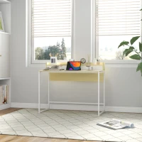 HOMCOM Bureau avec étagère de rangement et 2 tiroirs style moderne effet bois naturel et métal blanc - 106L x 50D x 89H cm(m-10)