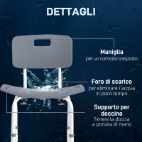 HOMCOM Sedia da Doccia per Bagno in Alluminio e Plastica Altezza Regolabile 8 Livelli 71-88cm Piedini Antiscivolo(m-8)