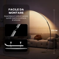 HOMCOM Lampada da Terra ad Arco Alta 172 cm a LED con Telecomando e Regolazione della Luminosità, Argento(m-8)